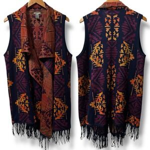 New Directions Weekend Tribal Fringe Knit Vest‎ Boho Western Women's XL